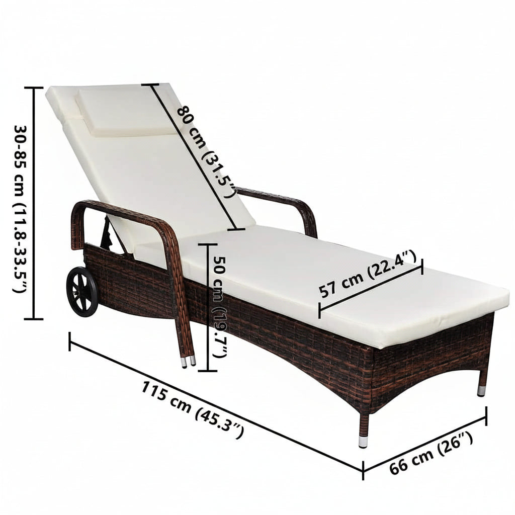 Sonnenliege mit Polster & Rollen Poly Rattan Braun