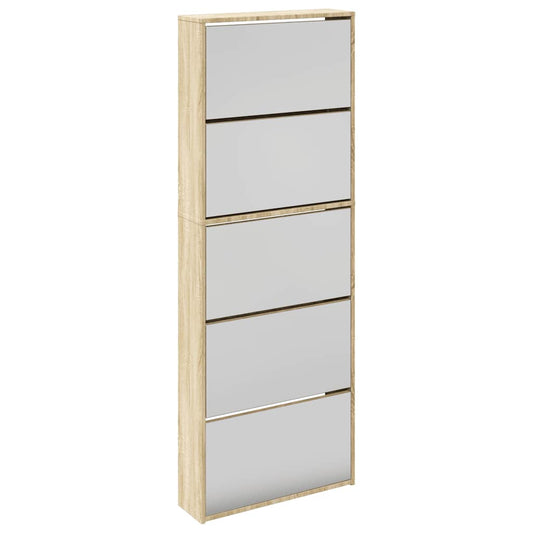 Schuhschrank mit 5 Fächern Spiegel Eiche 63x17x169,5 cm