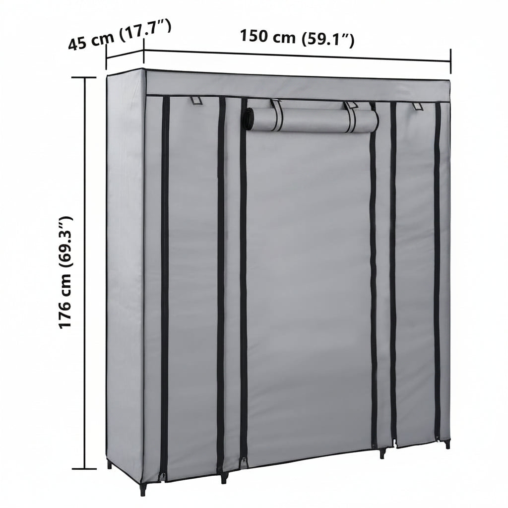 Stoffschrank mit Fächern Kleiderstangen Grau 150x45x176cm