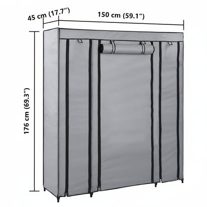 Stoffschrank mit Fächern Kleiderstangen Grau 150x45x176cm