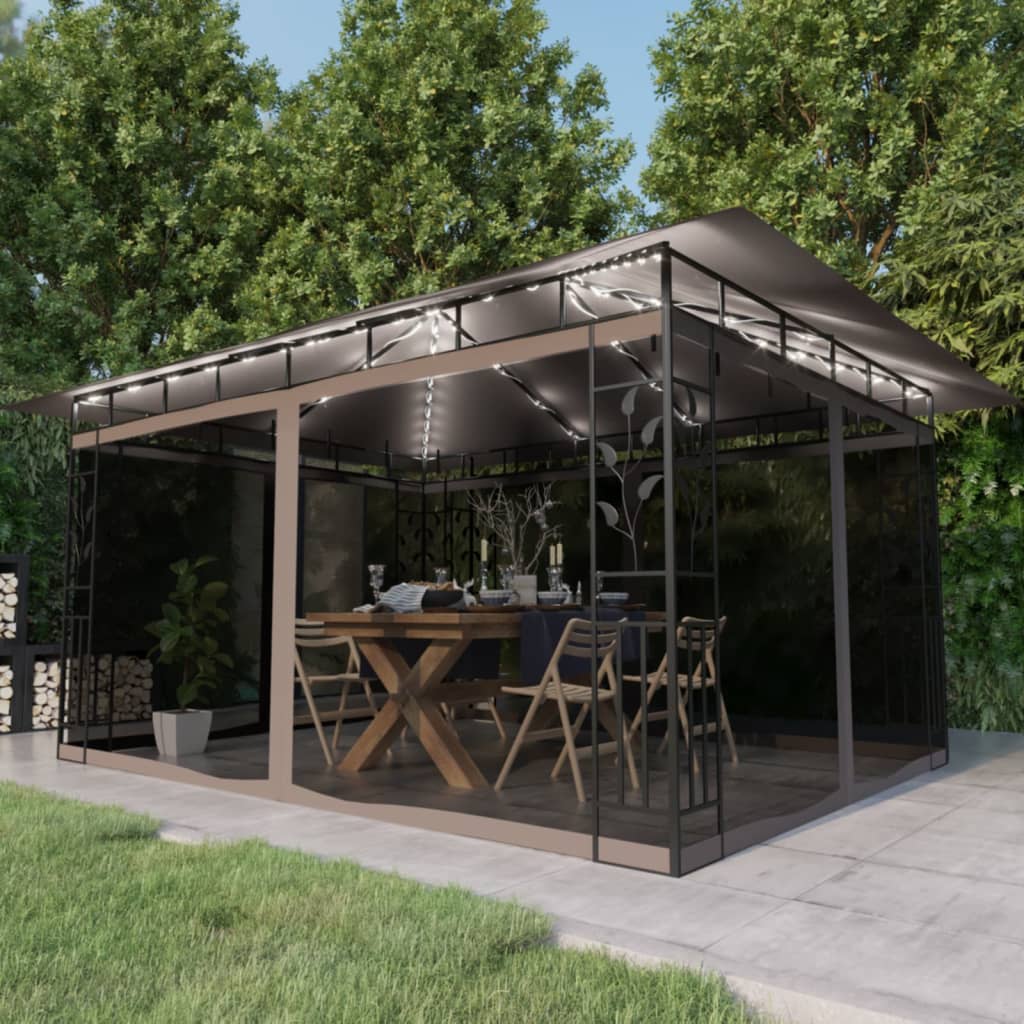 Pavillon mit Moskitonetz & LED-Lichterkette 4x3x2,73m Cremeweiß
