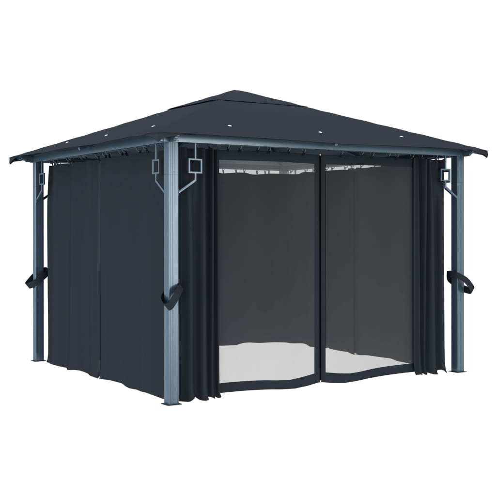 Pavillon mit Vorhängen & LED-Lichterkette 300x300 cm Creme Alu
