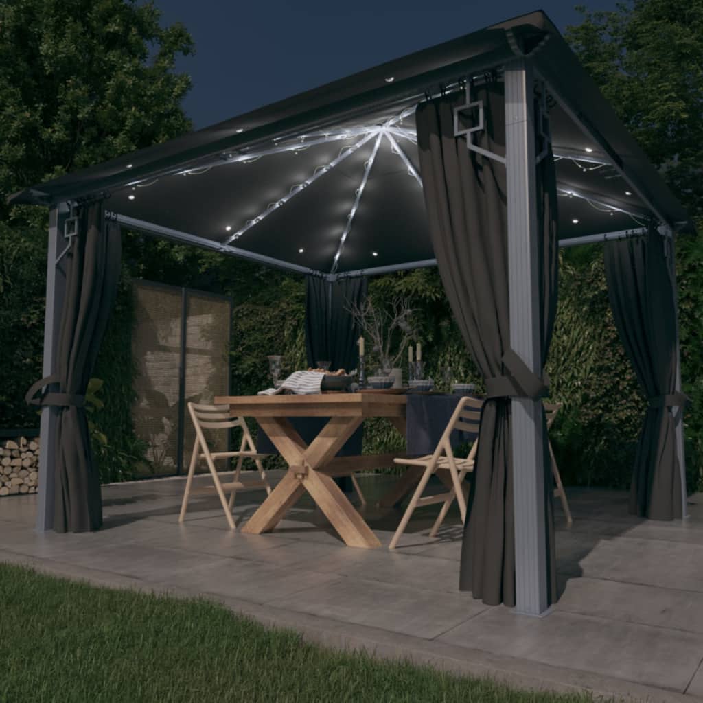 Pavillon mit Vorhängen & LED-Lichterkette 300x300 cm Creme Alu