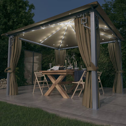 Pavillon mit Vorhängen & LED-Lichterkette 300x300 cm Creme Alu