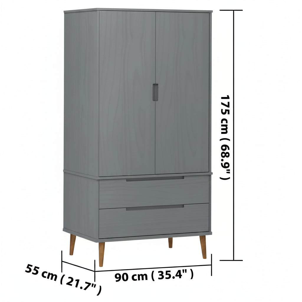 Kleiderschrank MOLDE Grau 90x55x175 cm Massivholz Kiefer