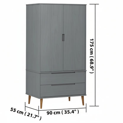 Kleiderschrank MOLDE Grau 90x55x175 cm Massivholz Kiefer