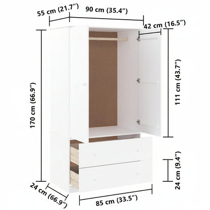 Kleiderschrank ALTA Weiß 90x55x170 cm Massivholz Kiefer