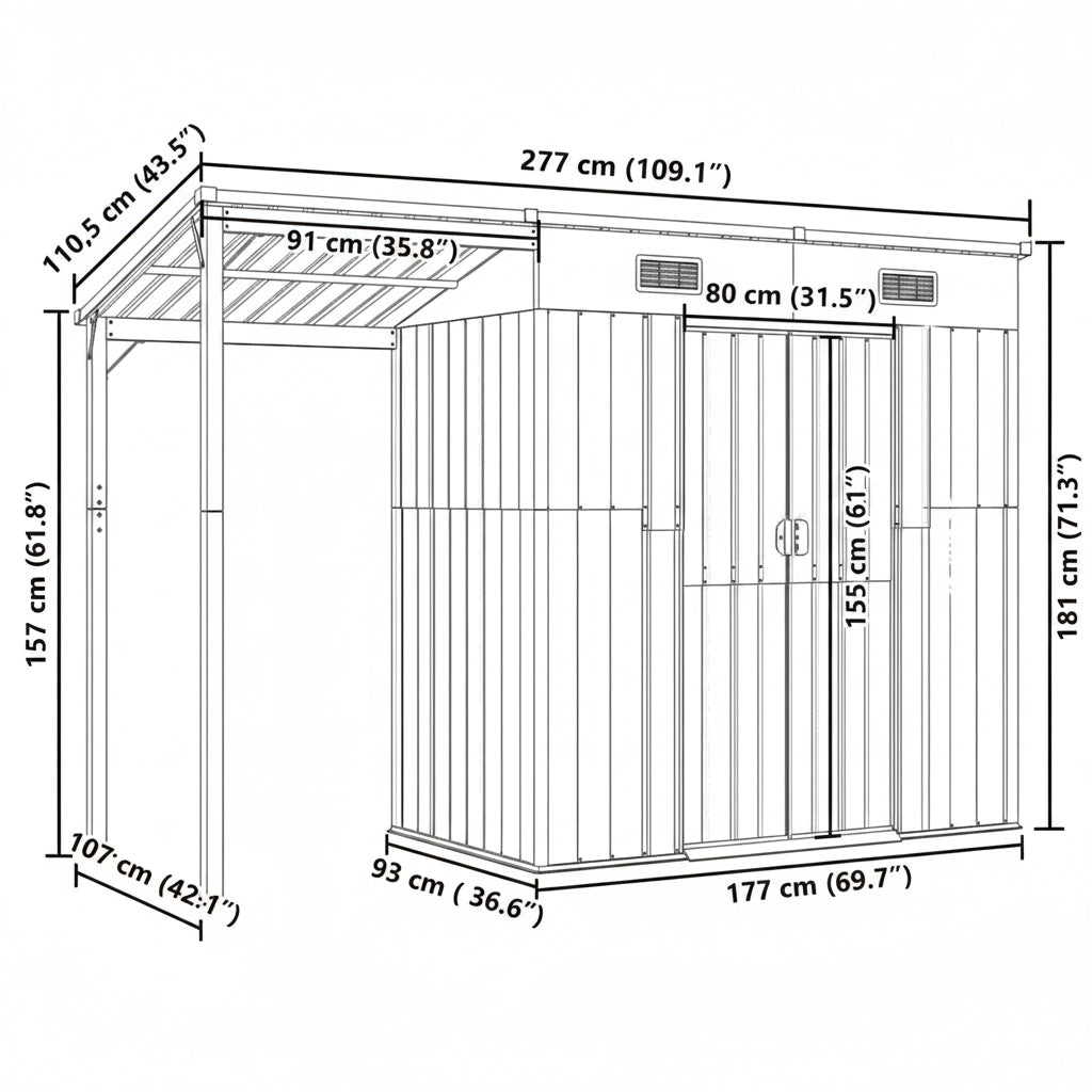 Gartenhaus mit Schleppdach Anthrazit 277x110,5x181 cm Stahl