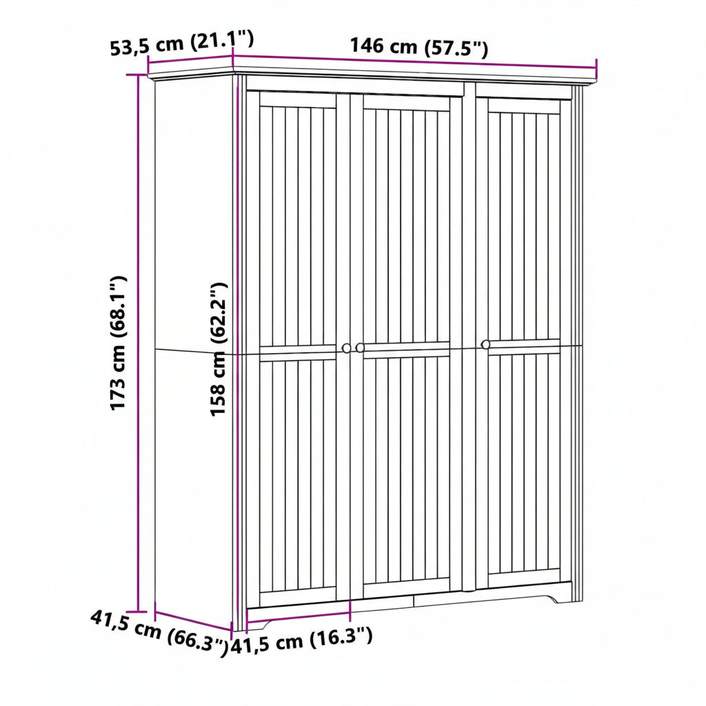 Kleiderschrank BODO Grau 146x53,5x173 cm Massivholz Kiefer