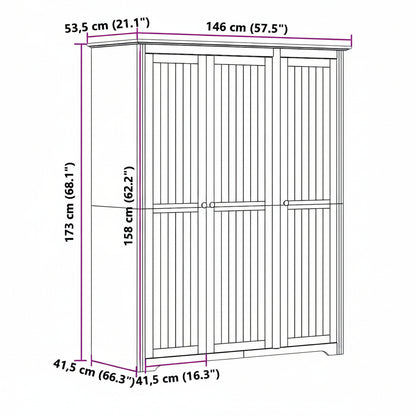 Kleiderschrank BODO Grau 146x53,5x173 cm Massivholz Kiefer