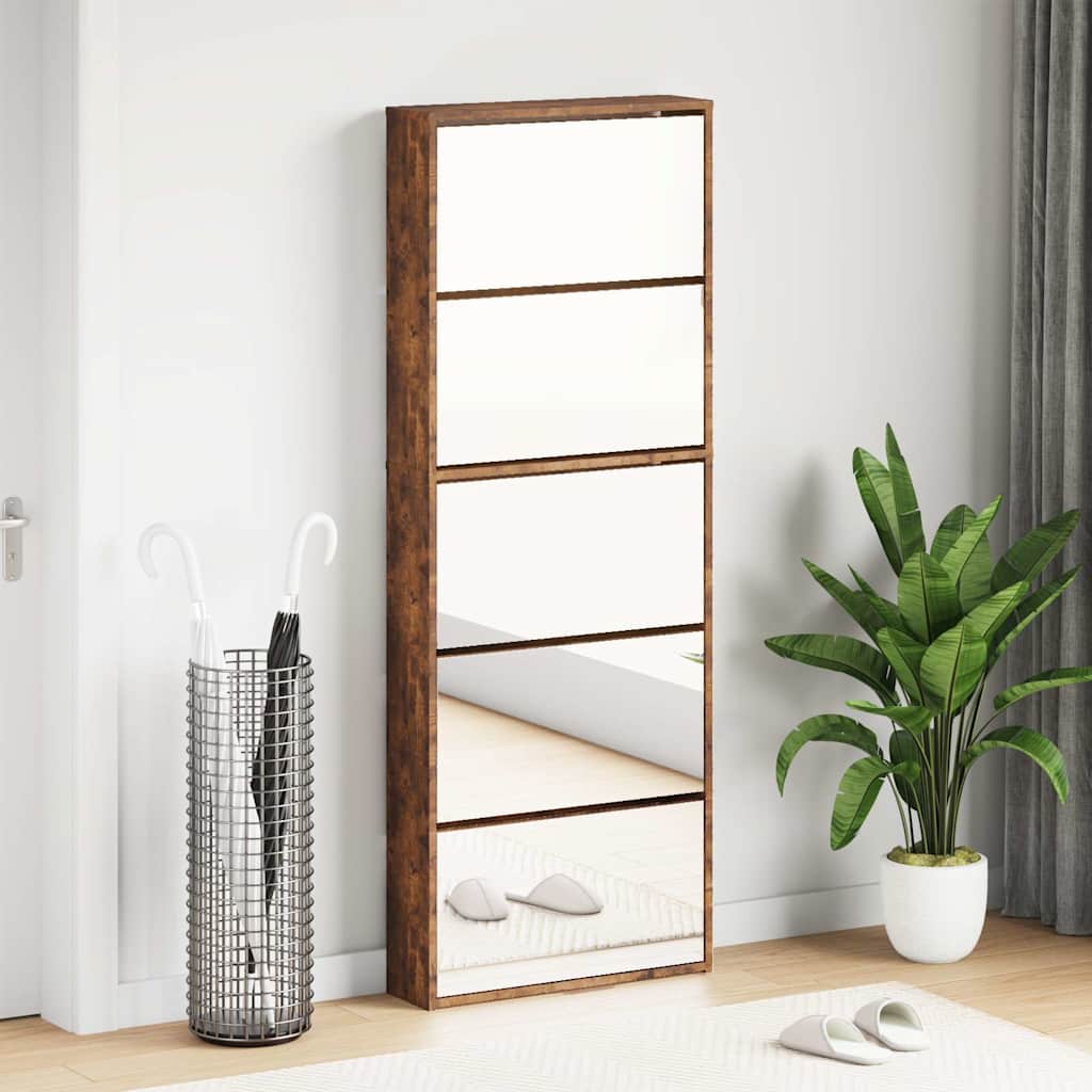 Schuhschrank mit 5 Fächern Spiegel Eiche 63x17x169,5 cm