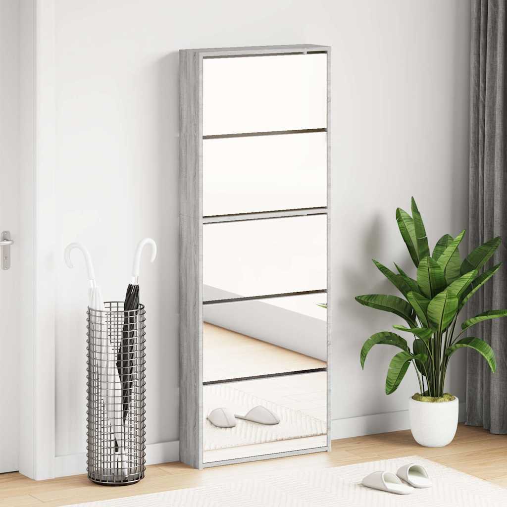 Schuhschrank mit 5 Fächern Spiegel Eiche 63x17x169,5 cm