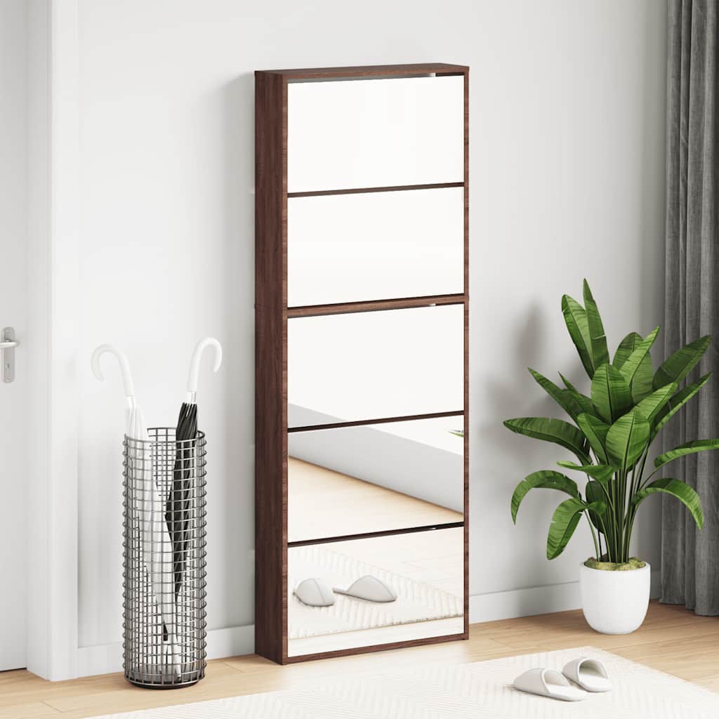 Schuhschrank mit 5 Fächern Spiegel Eiche 63x17x169,5 cm