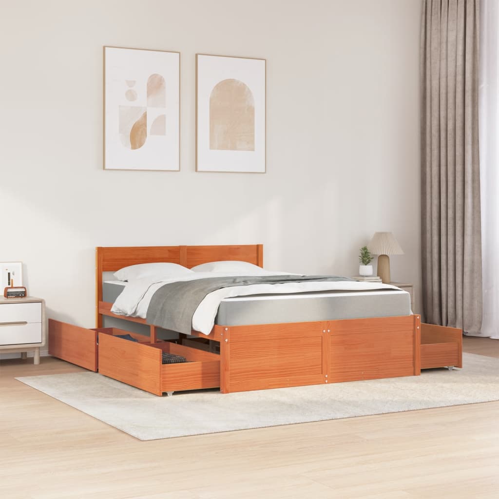 Massivholz Einzelbett mit Schubladen inkl. Matratze 120x200 cm