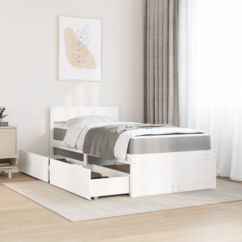 Massivholz Einzelbett mit Schubladen inkl. Matratze 90x200 cm
