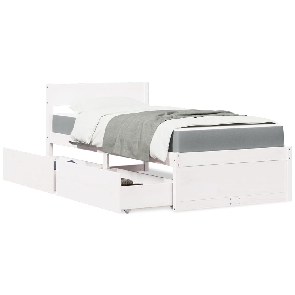 Massivholz Einzelbett mit Schubladen inkl. Matratze 90x200 cm