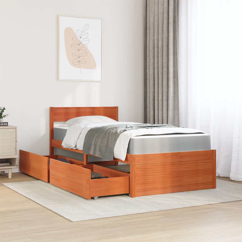 Massivholz Einzelbett mit Schubladen inkl. Matratze 90x200 cm