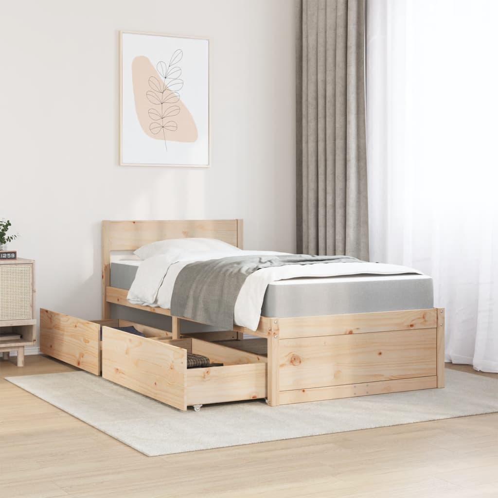 Massivholz Einzelbett mit Schubladen inkl. Matratze 90x190 cm