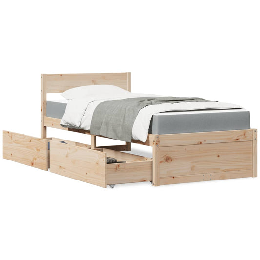 Massivholz Einzelbett mit Schubladen inkl. Matratze 90x190 cm