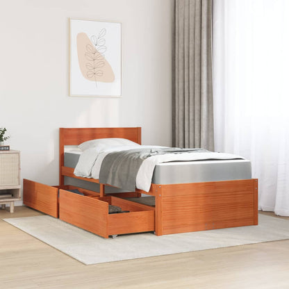 Massivholz Einzelbett mit Schubladen inkl. Matratze 90x190 cm