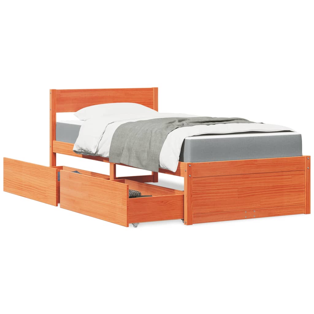 Massivholz Einzelbett mit Schubladen inkl. Matratze 90x190 cm