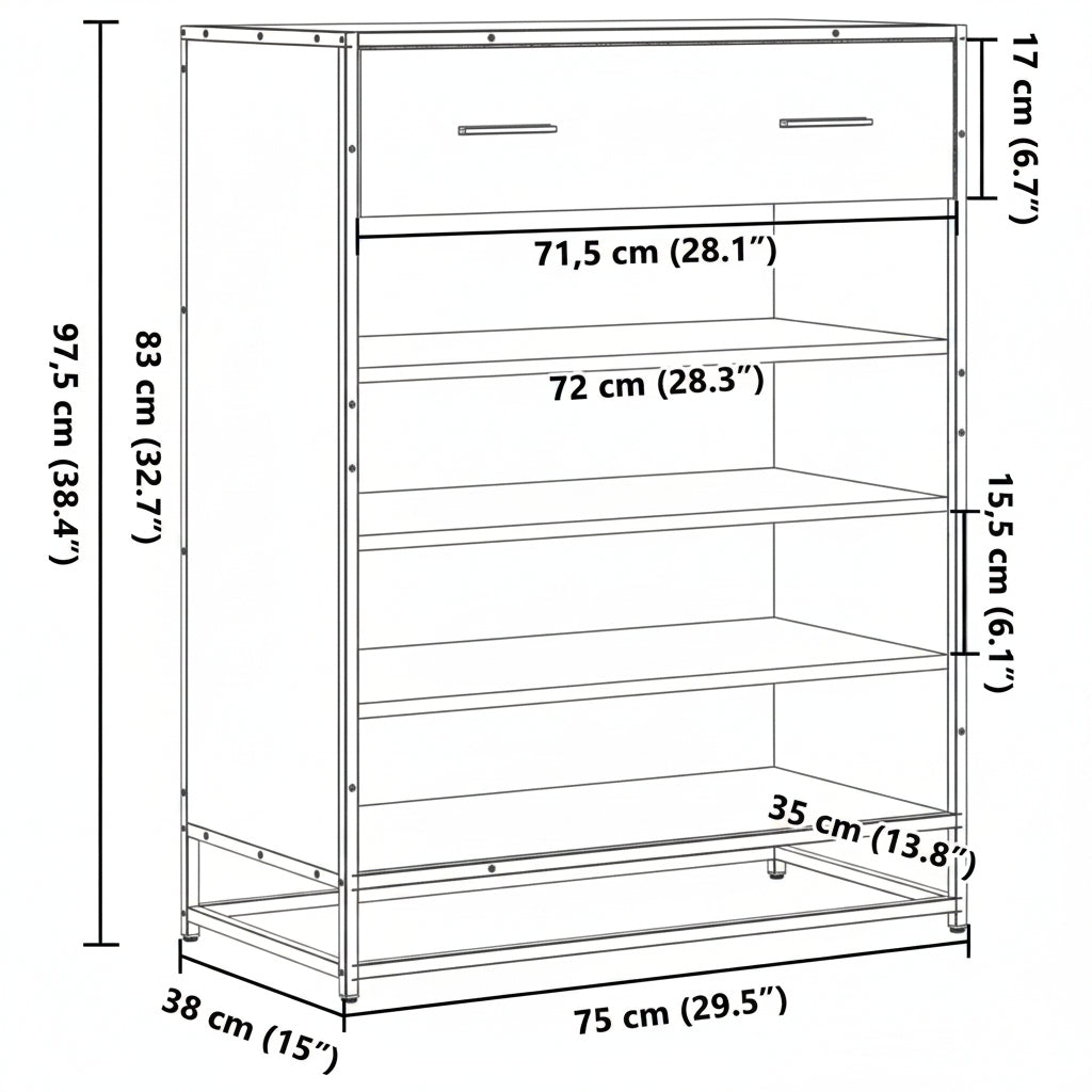 Schuhschrank Eichen-Optik 75x38x97,5 cm Holzwerkstoff Metall