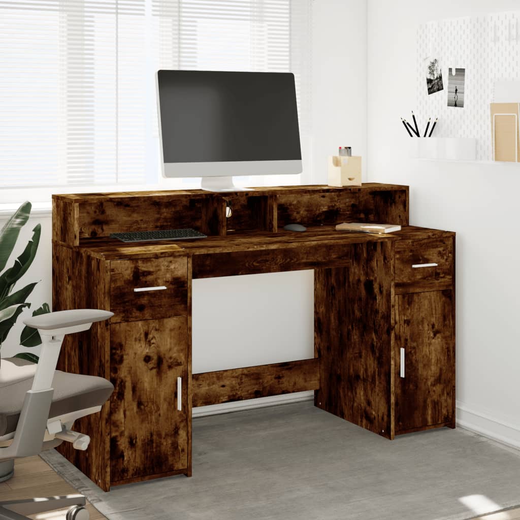 LED-Schreibtisch Betongrau 140x55x91 cm Holzwerkstoff