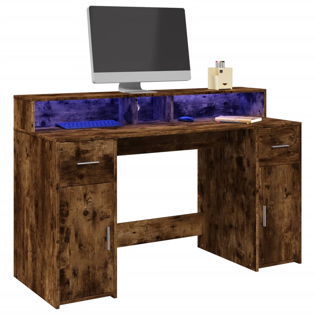 LED-Schreibtisch Betongrau 140x55x91 cm Holzwerkstoff
