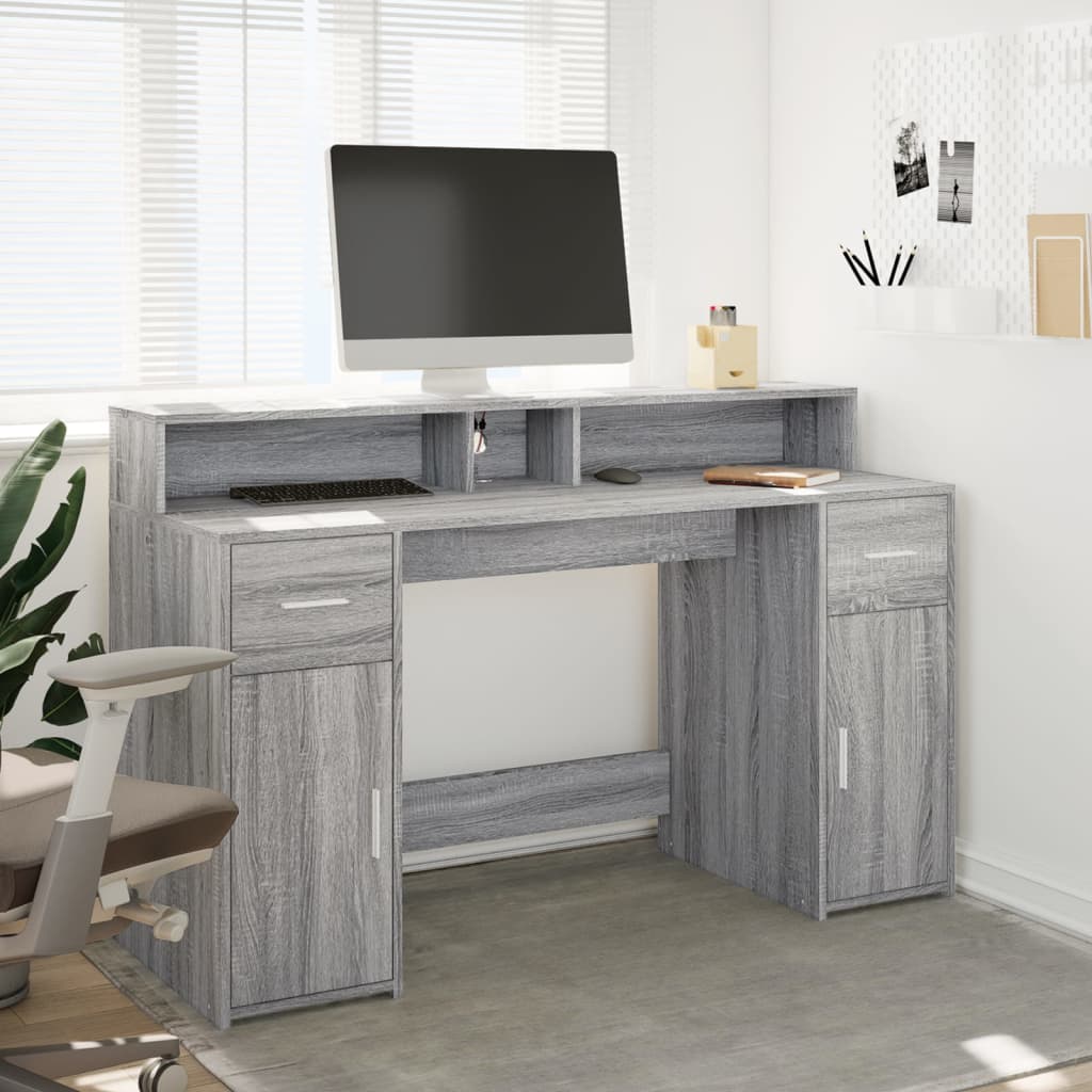 LED-Schreibtisch Betongrau 140x55x91 cm Holzwerkstoff