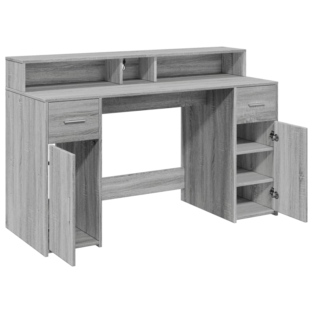 LED-Schreibtisch Betongrau 140x55x91 cm Holzwerkstoff
