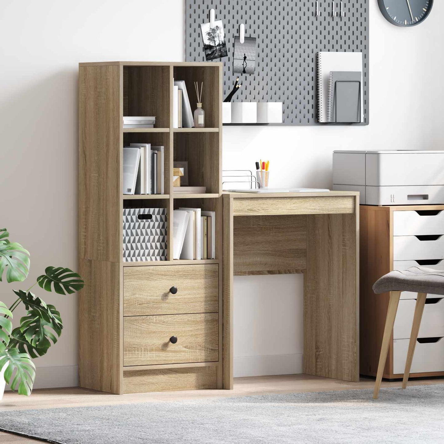 Schreibtisch Mit Schubladen Mit Regal 2 Pcs Graues Sonoma
