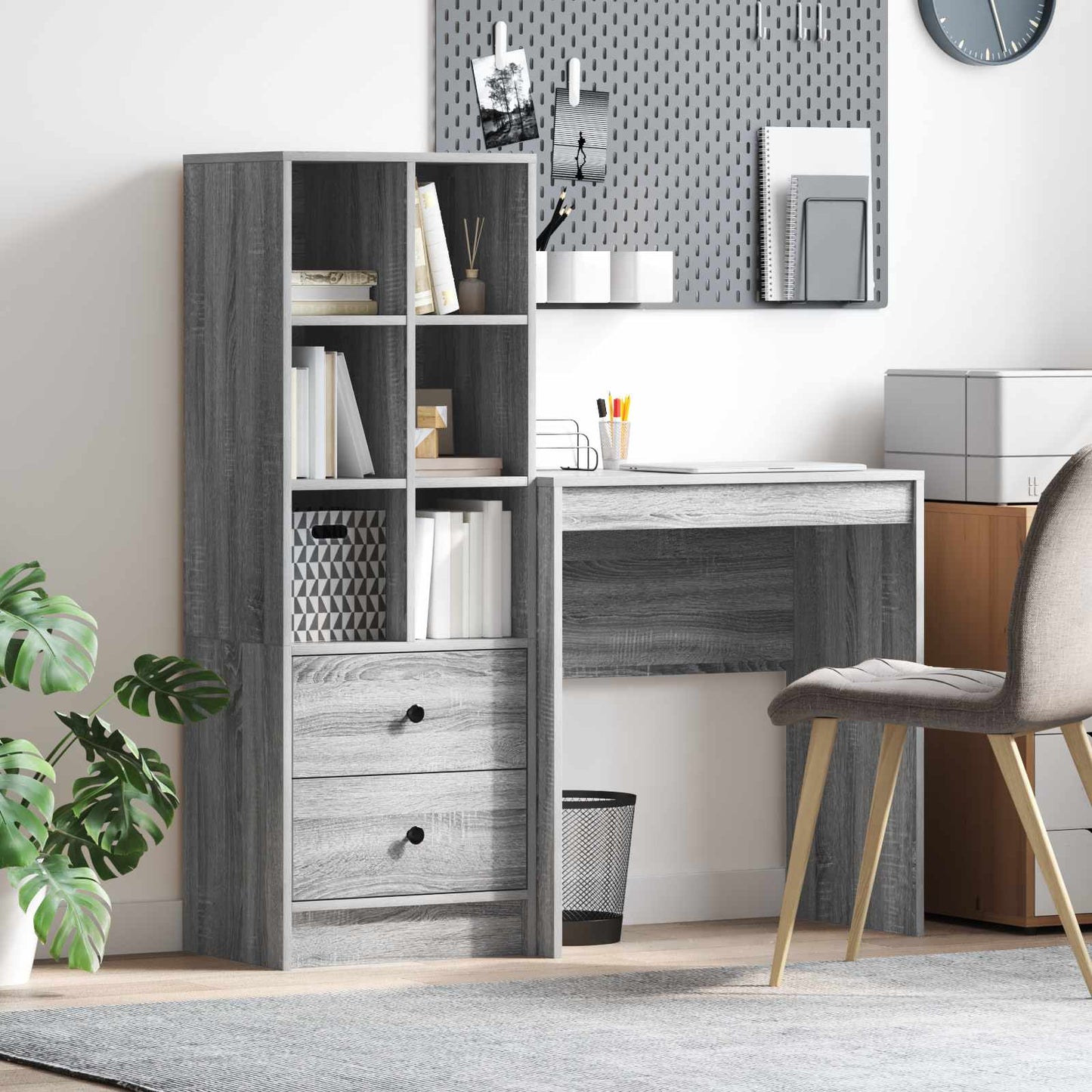 Schreibtisch Mit Schubladen Mit Regal 2 Pcs Graues Sonoma