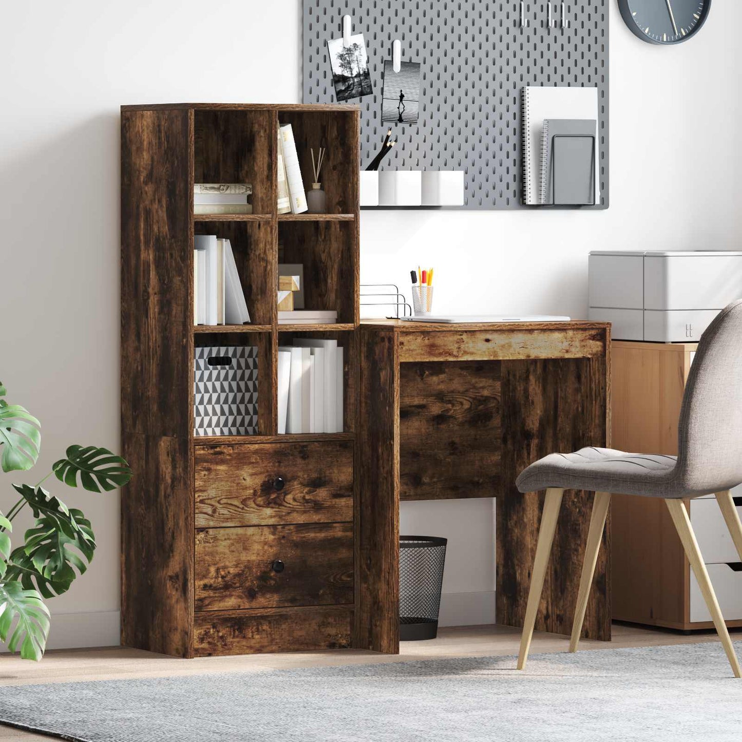 Schreibtisch Mit Schubladen Mit Regal 2 Pcs Graues Sonoma