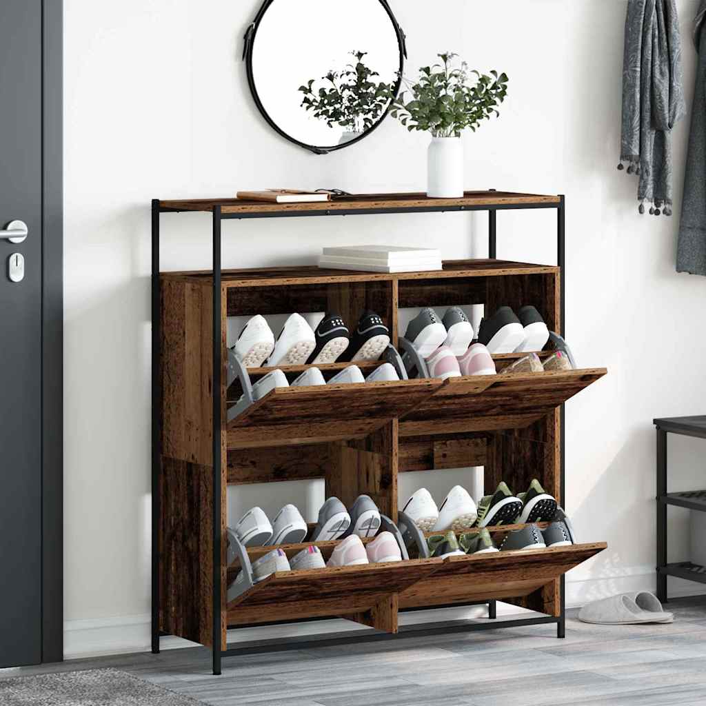 Schuhschrank mit 4 Klappen Braun Eiche-Optik 100x34x112 cm