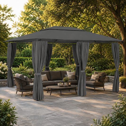 Gartenpavillon mit belüftetem Dachdesign und Vorhängen