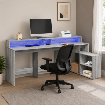 Breiter LED-beleuchteter Schreibtisch mit Monitorerhöhung