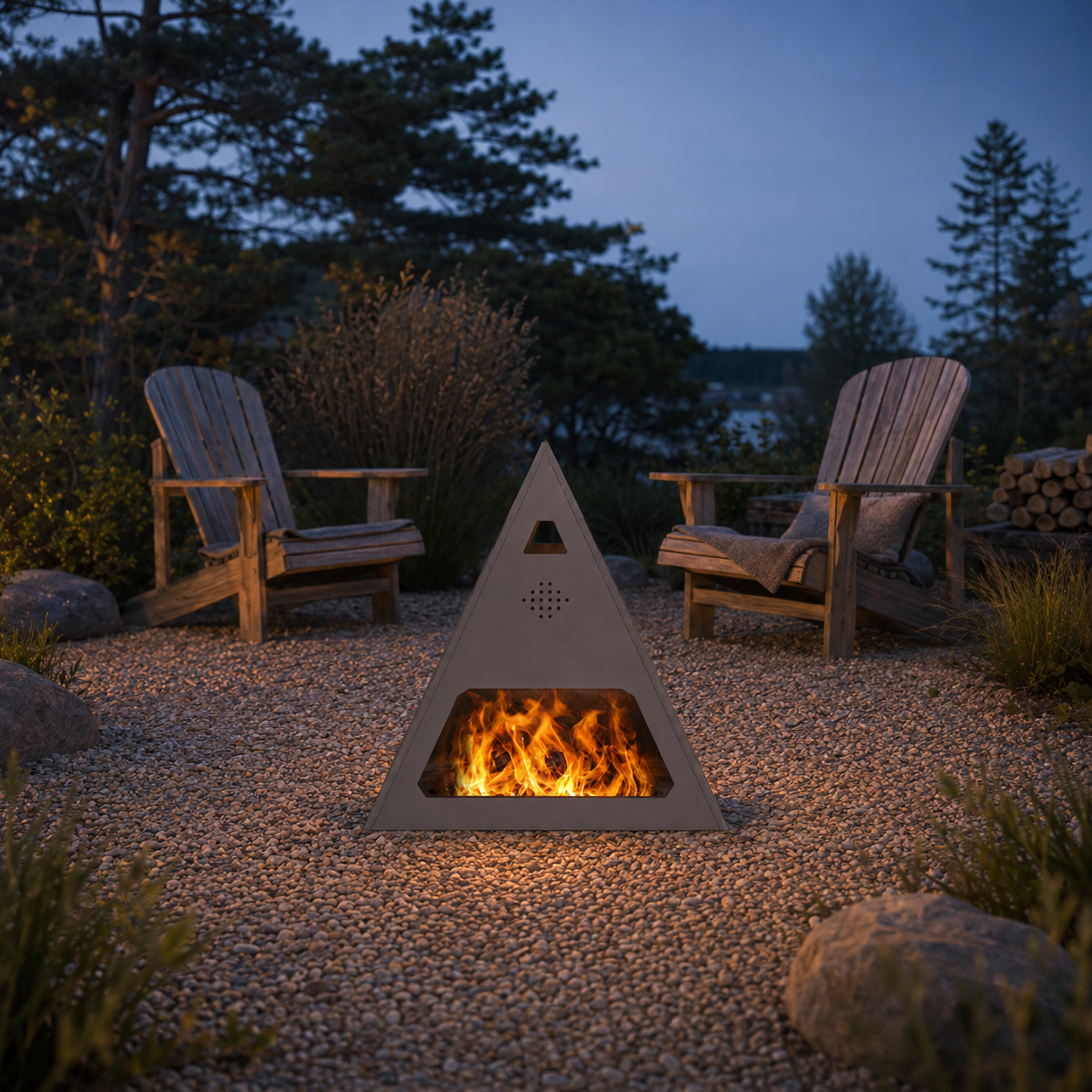 Dreieckige Feuerstelle aus Stahl – besonderer Blickfang für Terrasse & Garten