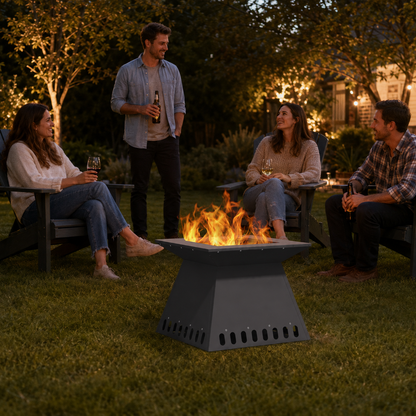 Quadratische Feuerschale mit Sockel – modernes Feuerdesign für den Garten