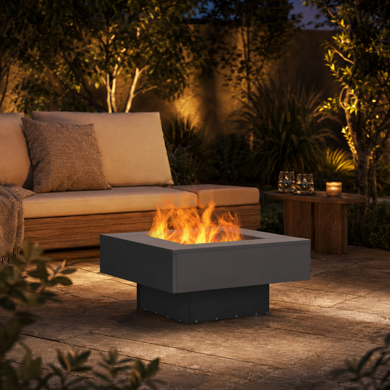 Quadratische Feuerstelle aus Stahl – moderner Blickfang für Garten & Terrasse