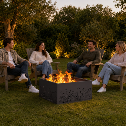 Feuerstelle mit Wiesenmotiv – Flammenspiel trifft Gartendesign