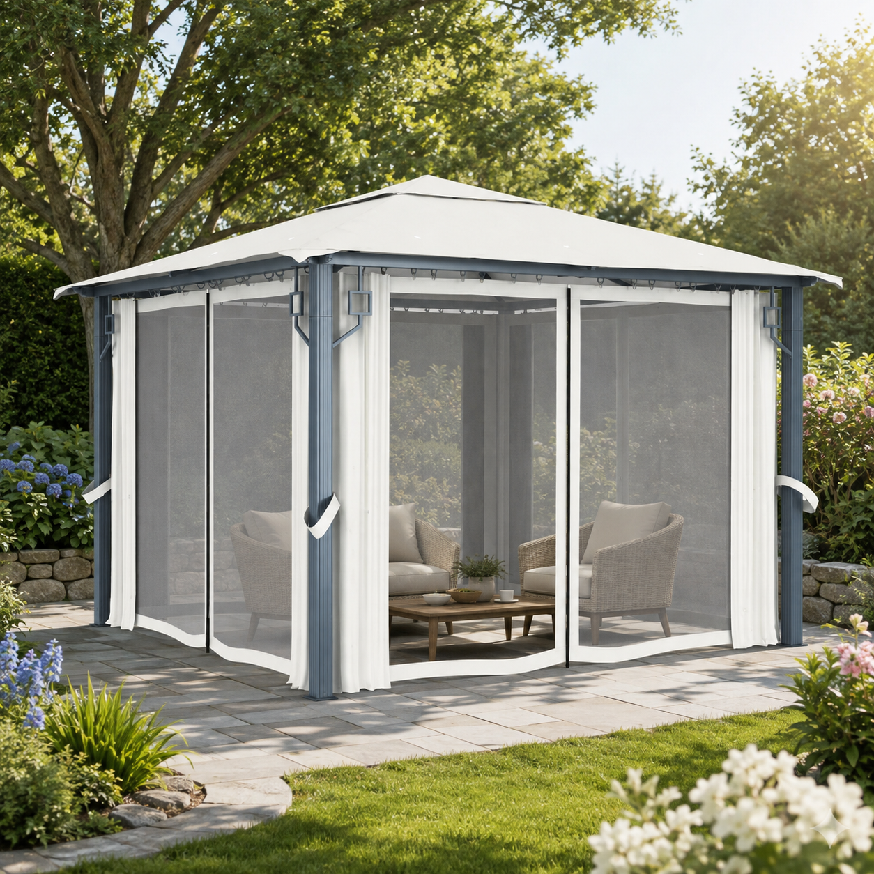 Gartenpavillon mit Seitenwänden und Netzvorhängen