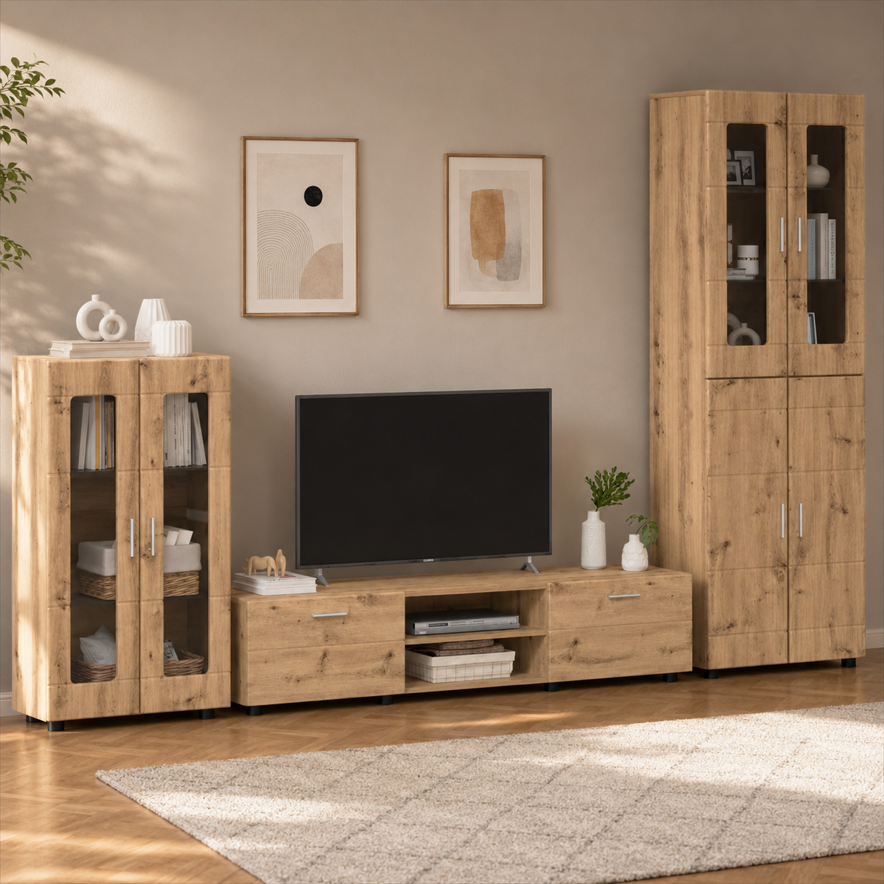 Komplettset TV-Wand mit Vitrinenschränken 3-teilig