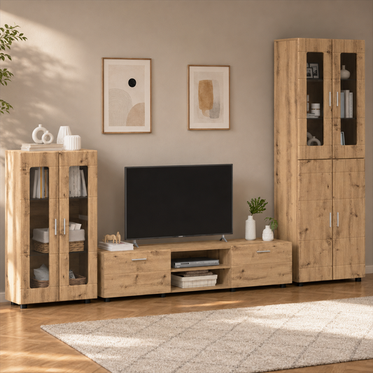 Komplettset TV-Wand mit Vitrinenschränken 3-teilig