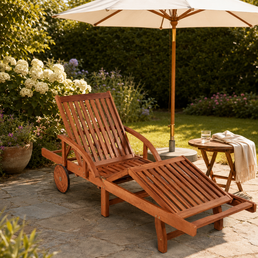 Massivholz Gartenliege mit kleiner Ablage, verstell- & rollbar