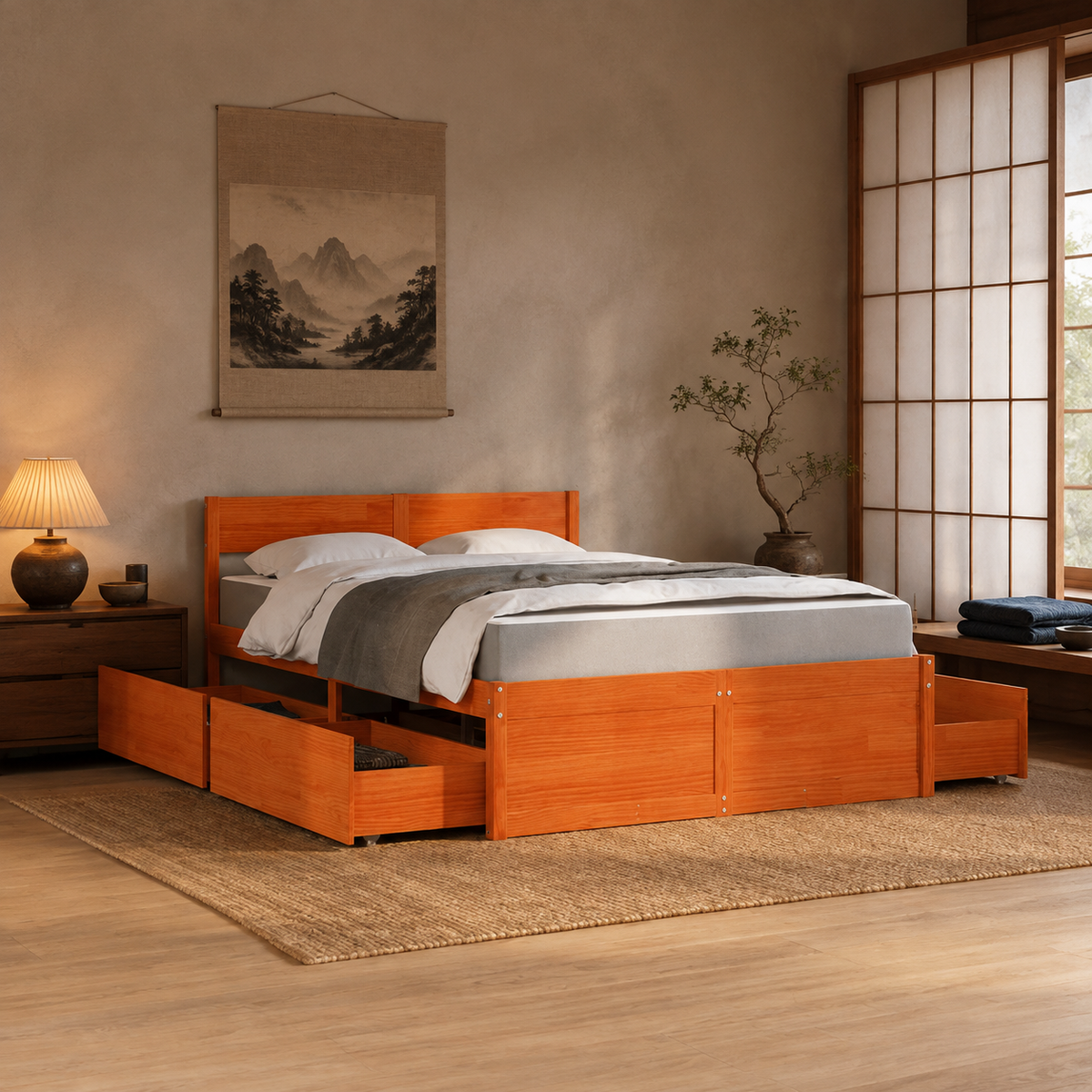 Massivholz Einzelbett mit Schubladen inkl. Matratze 120x190 cm