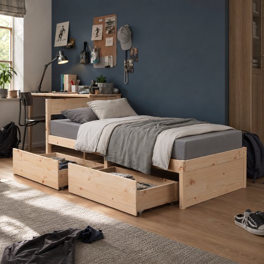 Massivholz Einzelbett mit Schubladen inkl. Matratze 90x200 cm