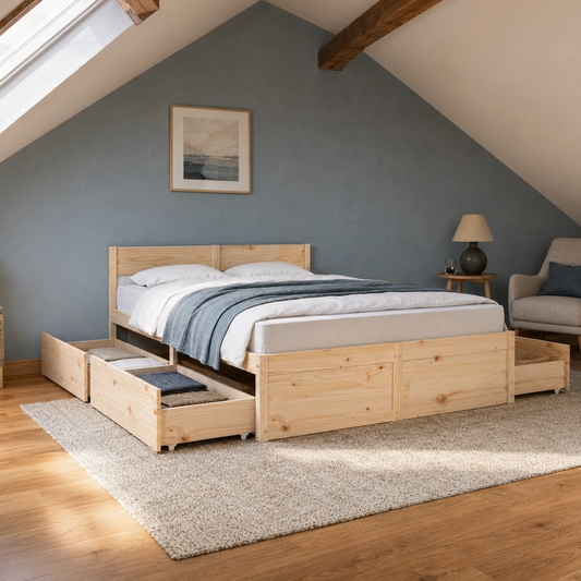 Massivholz Doppelbett mit Schubladen inkl. Matratze 160x200 cm