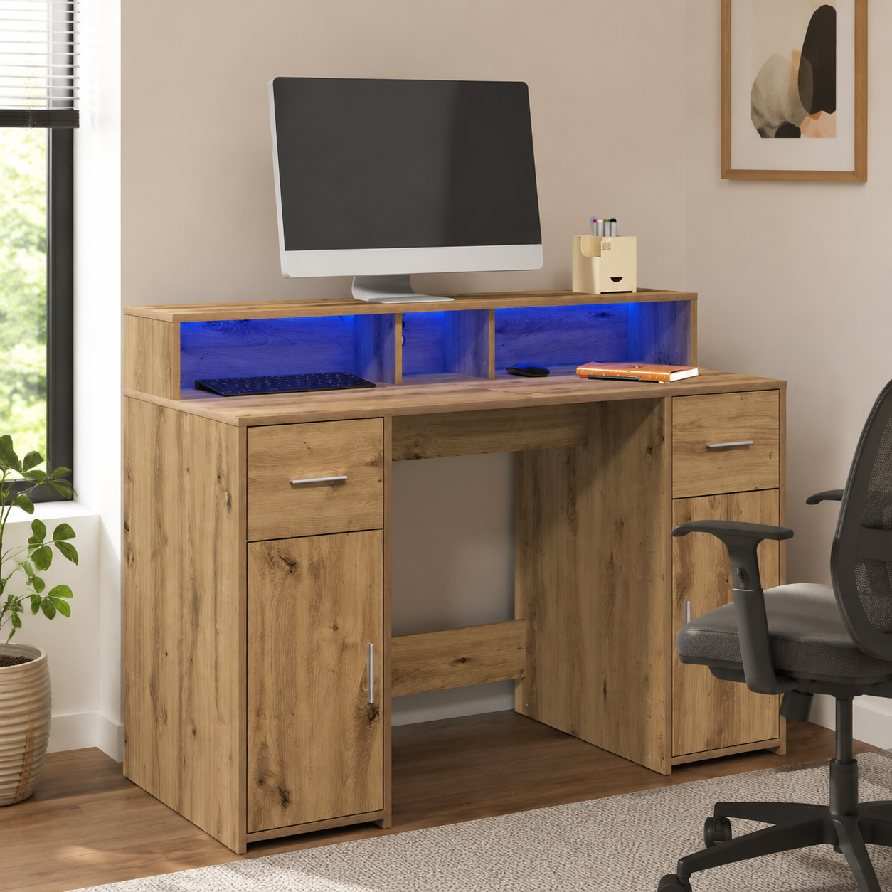 LED-Schreibtisch mit Monitorerhöhung, 120x55 cm