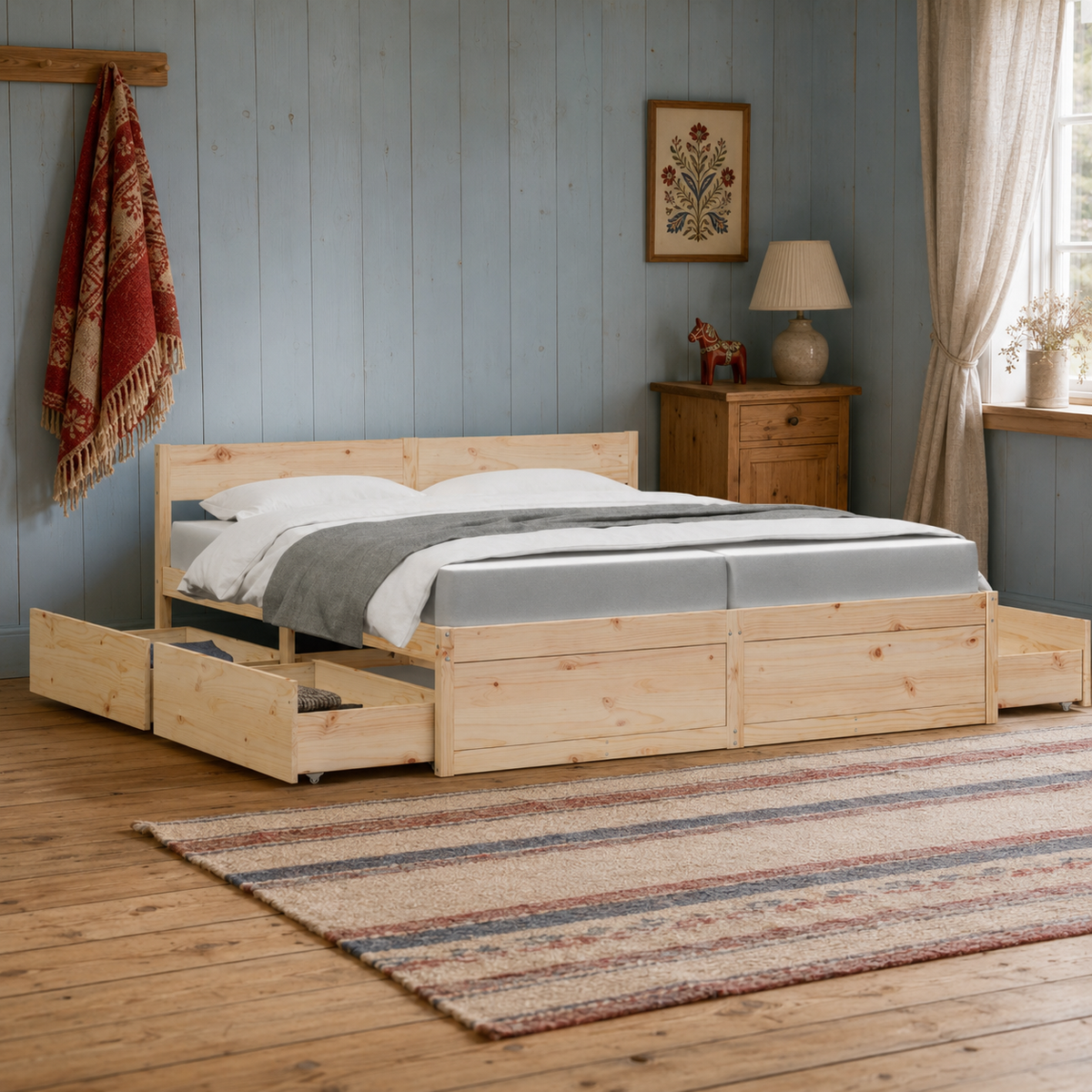 Massivholz Doppelbett mit Schubladen inkl. Matratze 200x200 cm