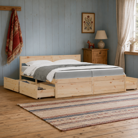 Massivholz Doppelbett mit Schubladen inkl. Matratze 200x200 cm